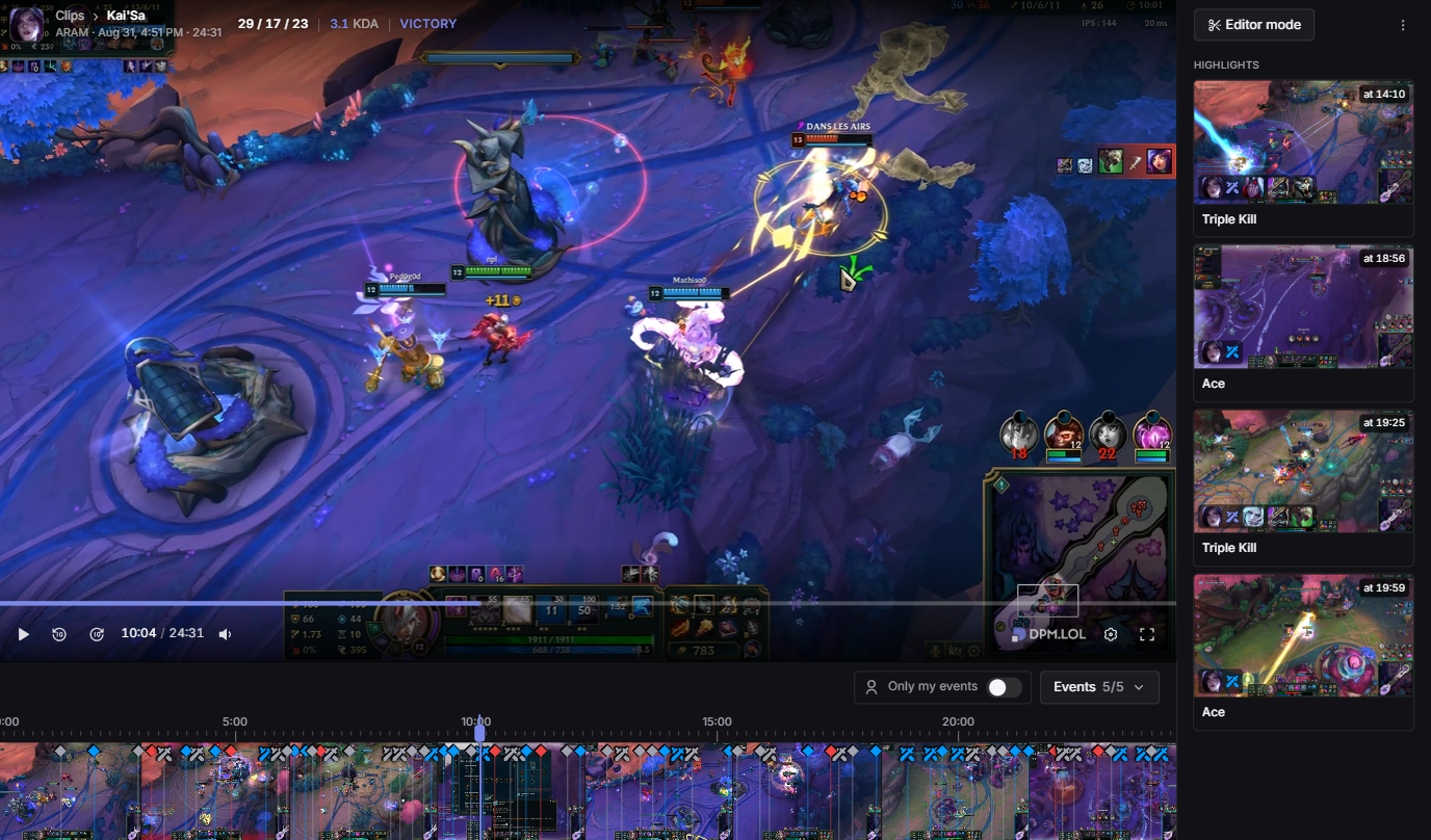 The replay player, with the moments listed on the right