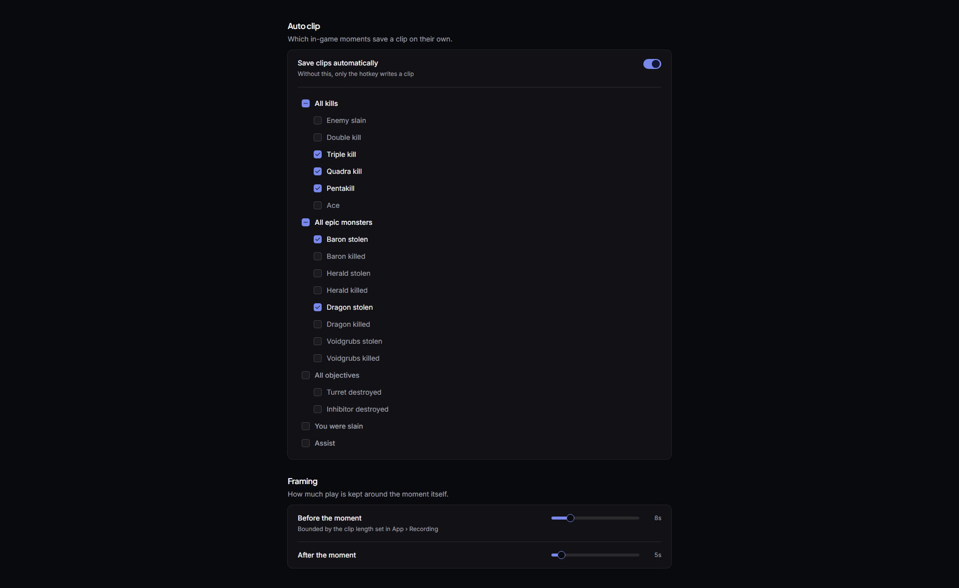The auto clip settings