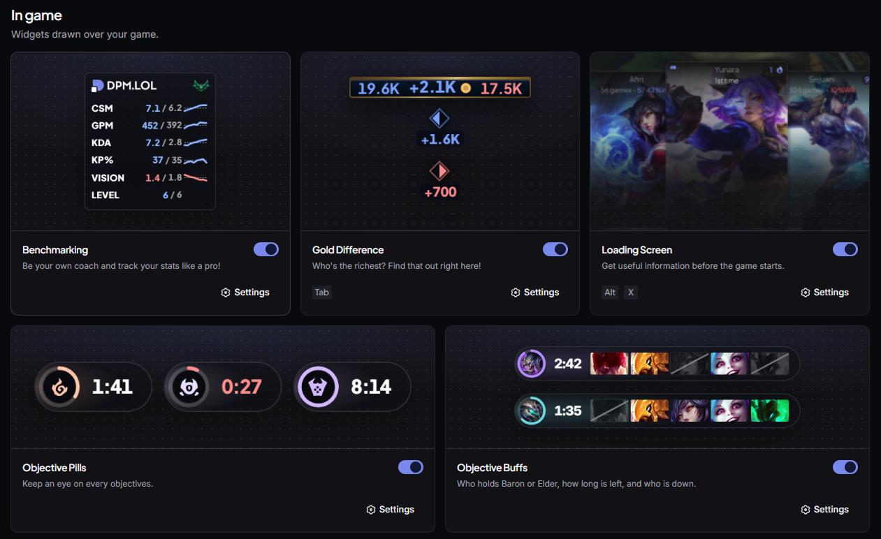 The Overlays page of the app