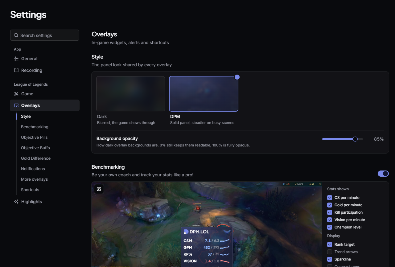 The style and background opacity settings